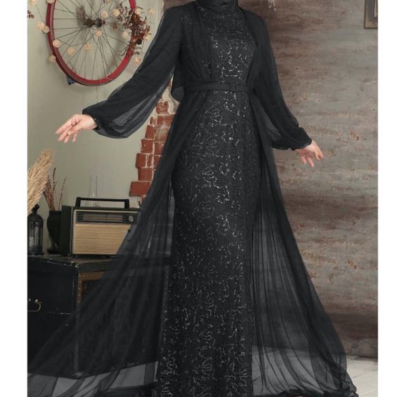Urban Modesty LACE WITH CHIFFON OVERLAY GOWN - Picture 1 of 4